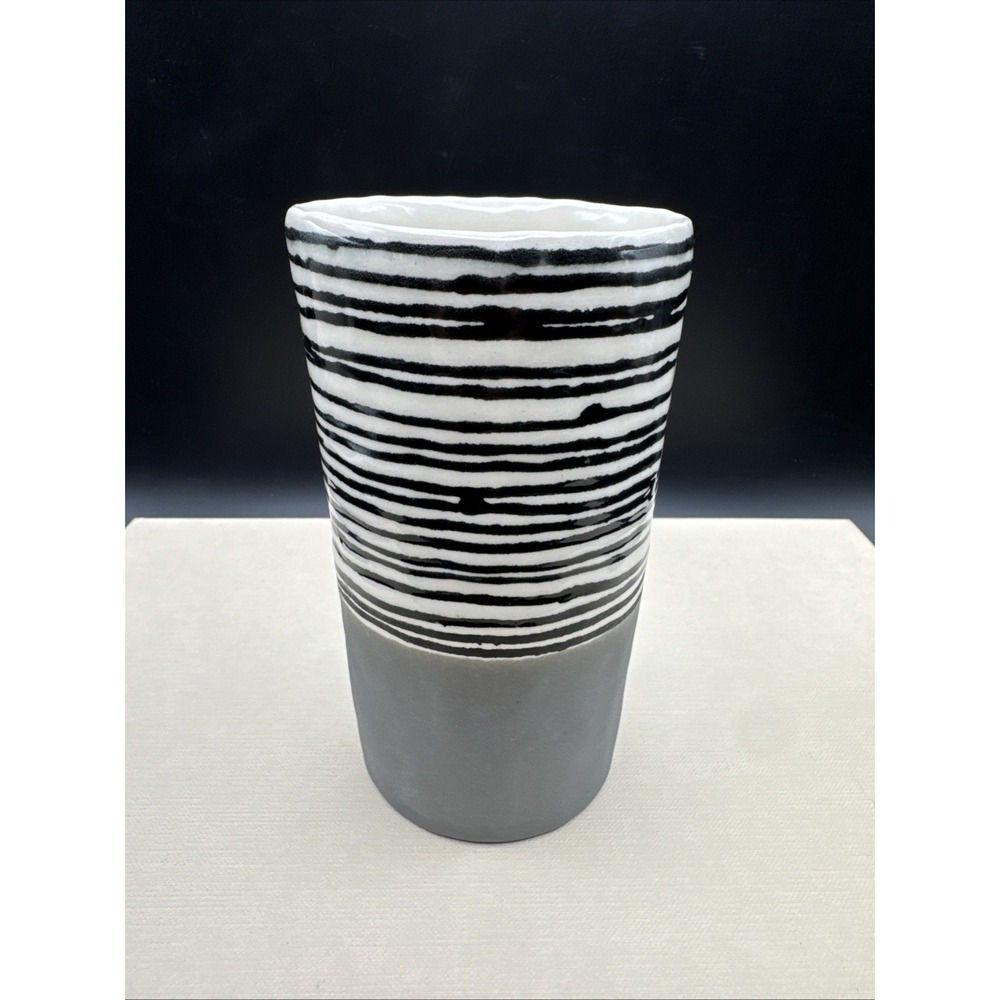 Studio Art Pottery Vase Modern Elizabeth Benotti Maine Stripes Black White Bud